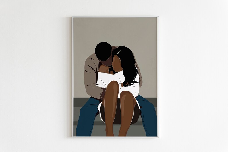 May include: A digital illustration of a couple embracing. The man is wearing a brown sweater and blue jeans. The woman is wearing a white sweater and has long black hair. The couple is sitting on a gray surface.