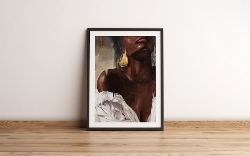 Black Woman WallArt Print Oil Painting Canvas Texture.