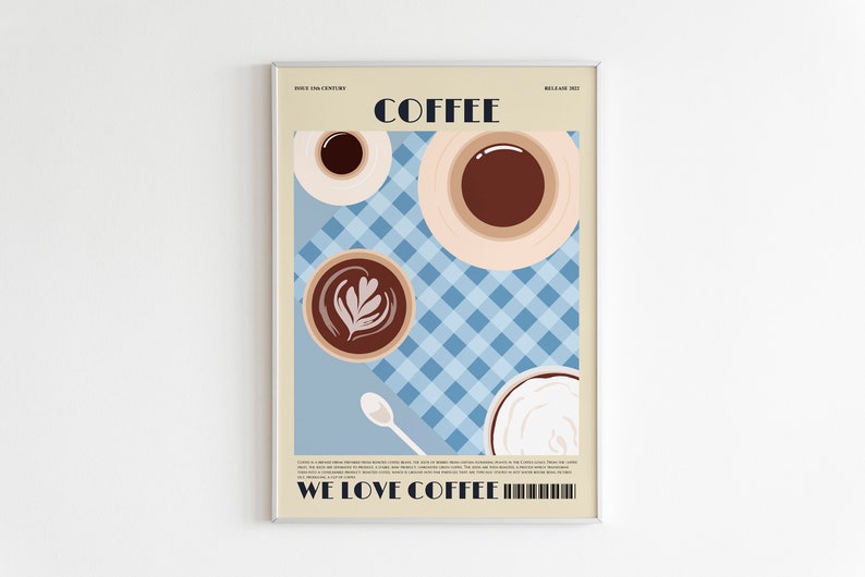 May include: A framed art print featuring a coffee-themed design. The artwork showcases various coffee cups and a spoon on a blue checkered tablecloth. The words "COFFEE" and "WE LOVE COFFEE" are prominently displayed.
