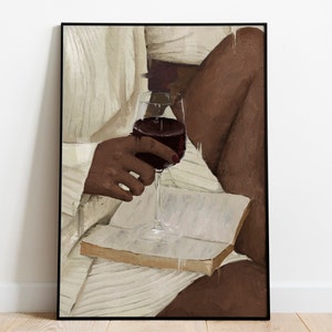 Arte della donna nera, arte afroamericana, texture della pittura a olio, arte della ragazza nera, ritratto di donna nera con vino e libro, stampa artistica da parete.