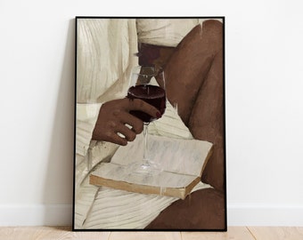 Black Woman Art, African American art, Oil Painting Texture, Black girl art, Black woman portrait With Wine and Book, Wall Art Print.
