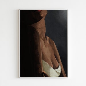 May include: A painting of a person's torso, shoulders, and neck. The person is wearing a white top and has dark skin. The background is dark blue.