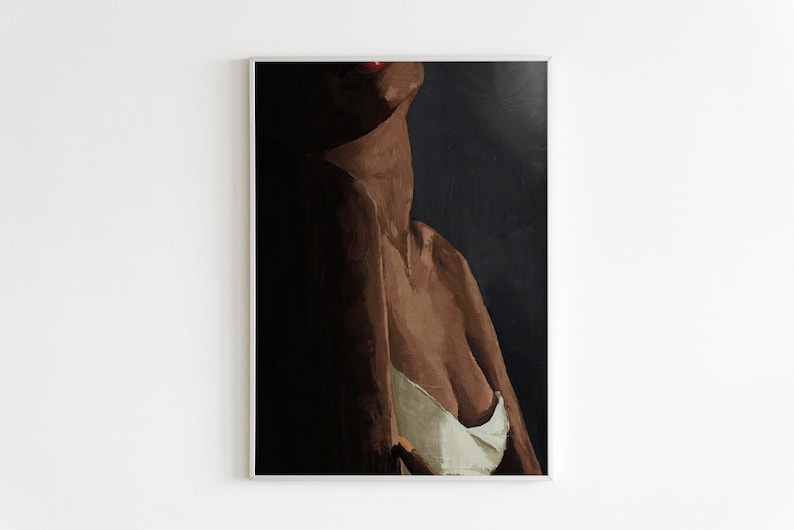 May include: A painting of a person's torso, shoulders, and neck. The person is wearing a white top and has dark skin. The background is dark blue.