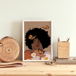 Black Woman Art, INSTANT DOWNLOAD, Flower Woman Art, Printable Art, Boho Wall Art, Fashion print, Black Girl Art Print, Black Woman Art. image 2