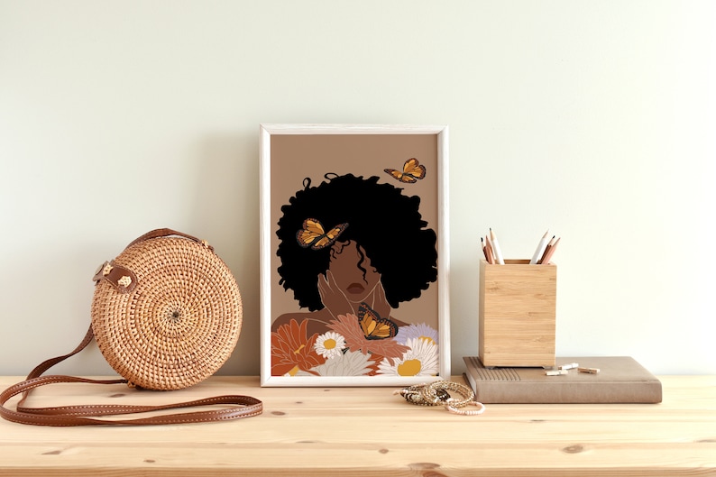 Black Woman Art, INSTANT DOWNLOAD, Flower Woman Art, Printable Art, Boho Wall Art, Fashion print, Black Girl Art Print, Black Woman Art. image 2