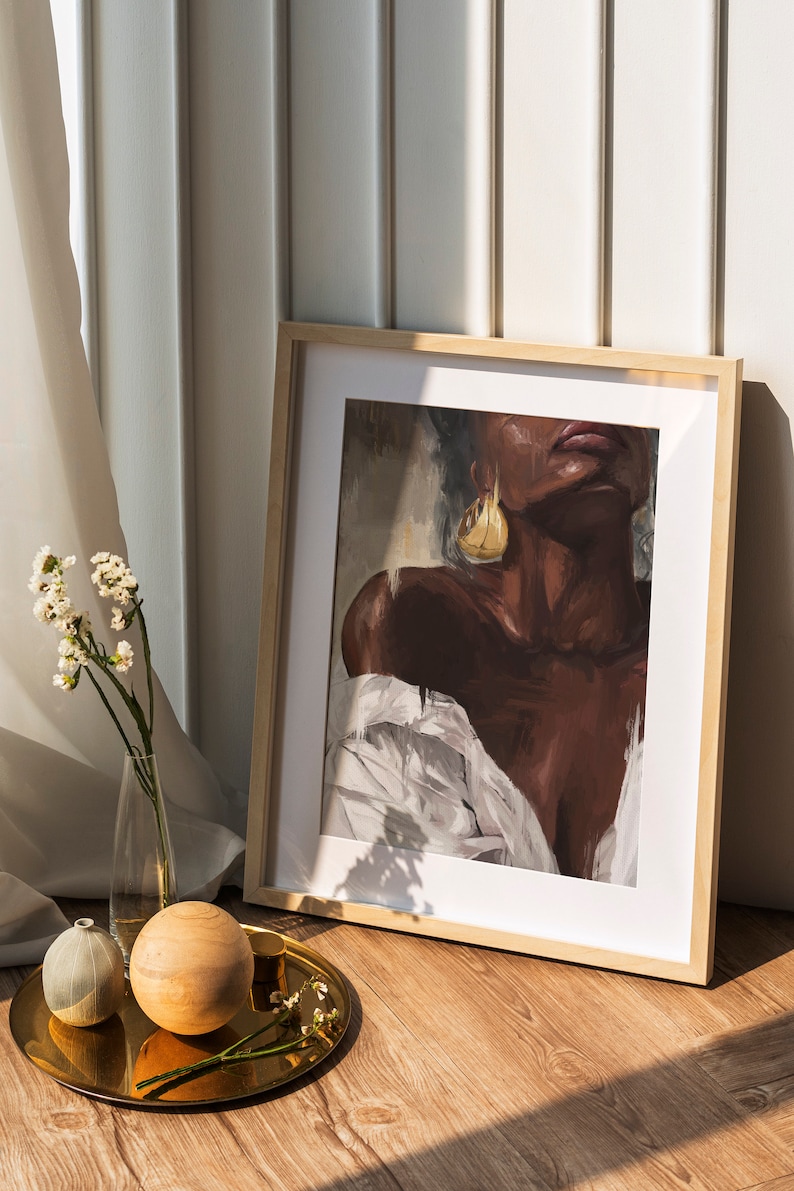 Black Woman WallArt Print Oil Painting Canvas Texture.