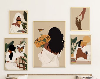 Set of 5 Black Woman Art, Black Art Set, Gallery Wall, Tropical Wall Art, Flower Lover Art, Black Girl Art Print, Printable Art, Wall Set.
