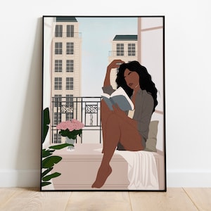 May include: A digital illustration of a woman sitting on a balcony reading a book. She has long, dark hair and is wearing a gray shirt. The balcony has a view of a city with buildings in the background. There are pink flowers in a pot on the balcony.