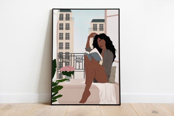 Black Woman Art, Black Girl Reading Book Art, Digital Download, INSTANT DOWNLOAD, Book Lover Art, Wall Decor, African American Art, City Art