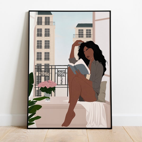 Black Woman Art, Black Girl Reading Book Art, Digital Download, INSTANT DOWNLOAD, Book Lover Art, Wall Decor, African American Art, City Art