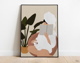 Woman Reading Print, Boho Woman print, Woman Print, Book Lover Art, Modern Wall art, Abstract Female Print, Library Wall Art, Wall Art Gift.