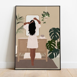 Frauenblick auf Spiegelkunst, schwarze Frauenkunst, stilvolle Kunst der Frau, weibliches Porträt, afroamerikanische Frauenkunst, schwarzes Mädchendruck, Boho-Frauenkunst.