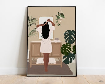 Woman look at mirror art, Black woman art, Woman stylish art, Female portrait, African American woman art, Black girl print, Boho woman art.
