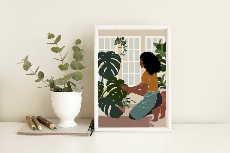 Black art, Black girl poster, African Girl Art, Plant Lover Gift, Black Woman Art, African American art, Modern Mid Century, Indoor Plants. image 5