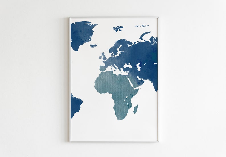 Set of 3 Wall Decor Prints Navy blue Print Wall Art Canvas. World map watercolor Triptych Wall Art Digital Print