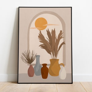 Vase and leaf wall art Mid century modern wall art Abstract leaf print Sunset Boho wall art Kitchen wall art Terracotta print Earthy tones.