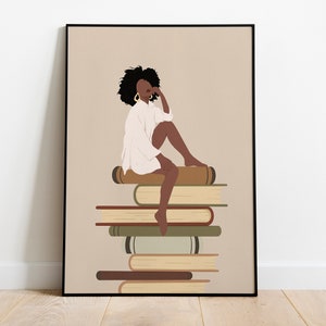 Black Woman Wall Art, African American Girl Wall Art, Black Art, Digital Art, INSTANT DOWNLOAD, Book Lover Art, Book Tower, Fashion Girl.