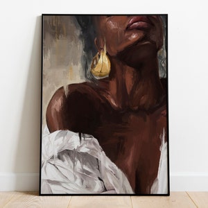 Black Woman Art, African American art White Dress, Oil Painting Canvas Texture, Black Girl Art, Black Woman Portrait, Wall Art Print.