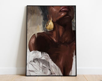 Black Woman Art, African American art White Dress, Oil Painting Canvas Texture, Black Girl Art, Black Woman Portrait, Wall Art Print.