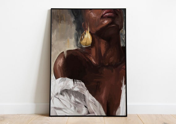 Black Woman Art, African American art White Dress, Oil Painting Canvas Texture, Black Girl Art, Black Woman Portrait, Wall Art Print.