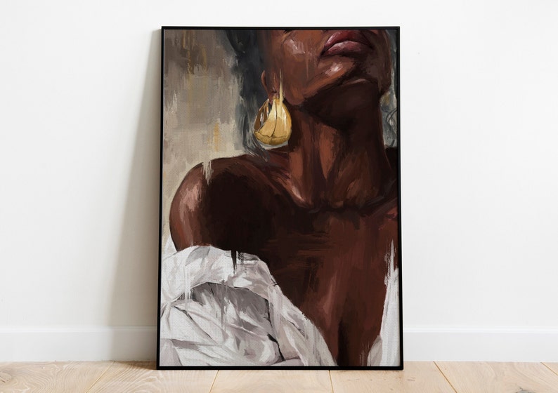Black Woman WallArt Print Oil Painting Canvas Texture.
