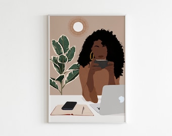 Office wall art,Black art, Black woman art, African American Art, Black Girl Art, Modern Wall Art, Fashion wall Art, Boho Wall Art.