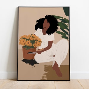 Black art, African Girl Art, Plant Lover Gift, Black Woman Art, African Print, Black Girl Wall Art, African American, Indoor Plants art.