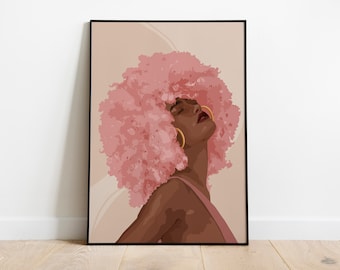 Black Woman Art, Black Art, Digital Art, INSTANT DOWNLOAD, Black Girl Art, Girl Art Print, Wall Art, Wall Decor, Afro Pink, Pink Art.