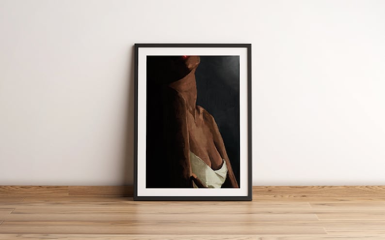 May include: A framed painting of a person's torso, with a focus on the neck and shoulders. The person has dark skin and is wearing a white top. The background is dark.