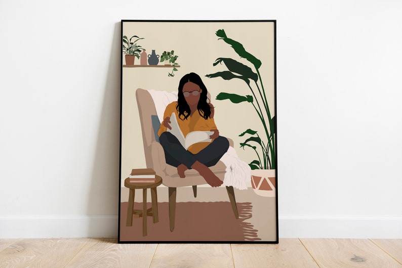 Book lovers art, Black Girl Art, Girl Reading Print, Black art, Boho Woman art, African Woman Print, African American, Book Lover poster. image 1