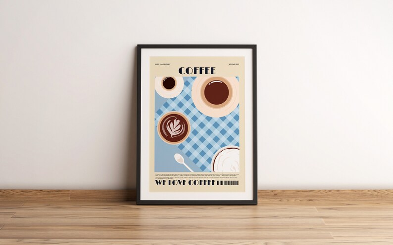 May include: Framed art print featuring a coffee-themed illustration. The artwork includes coffee cups, a spoon, and the text "COFFEE" and "WE LOVE COFFEE". The background has a blue and white checkered pattern.