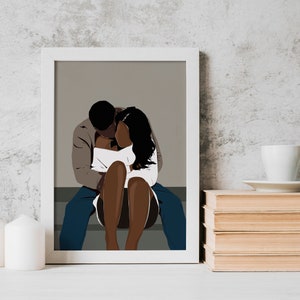 May include: A digital illustration of a couple embracing. The man is wearing a brown sweater and blue jeans. The woman is wearing a white sweater and has long black hair. The couple is sitting on a set of stairs.