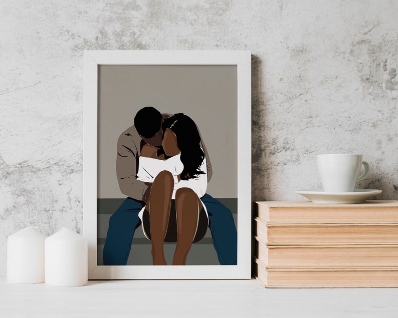May include: A digital illustration of a couple embracing. The man is wearing a brown sweater and blue jeans. The woman is wearing a white sweater and has long black hair. The couple is sitting on a set of stairs.