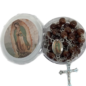 Rosario de Piedra Color Cafe Durable Con Imagen De Virgen De Guadalupe en Caja Durable Stone Bead Rosaries