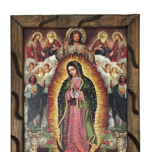 Virgen De Guadalupe con Varios Santos Imagen 13&quot;x18&quot; en Cuadro Rustico de Madera