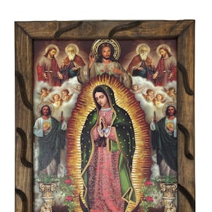 Virgen De Guadalupe con Varios Santos Imagen 13"x18" en Cuadro Rustico de Madera