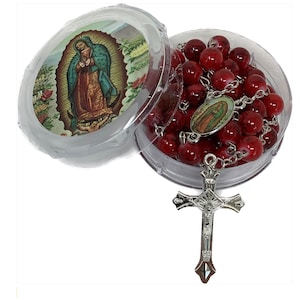 Rosario De Piedra Color Rojo Con Imagen De La Virgen De Guadalupe en Caja