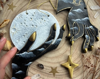 Celestial Ceramic Hands Wall Hanging: Moon & Star Witchy Decor