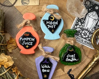 Potion Bottle Magnets, Witch Brew, Moon Dust, Pumpkin Juice, Frogs Breath