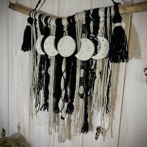 Moon Phase Macrame Wall Hanging: Black & Cream Wool, Gold Detail