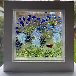 Robin & blue agapanthus and alliums fused glass panel in white frame. Birthday anniversary celebration wedding housewarming retirement gift