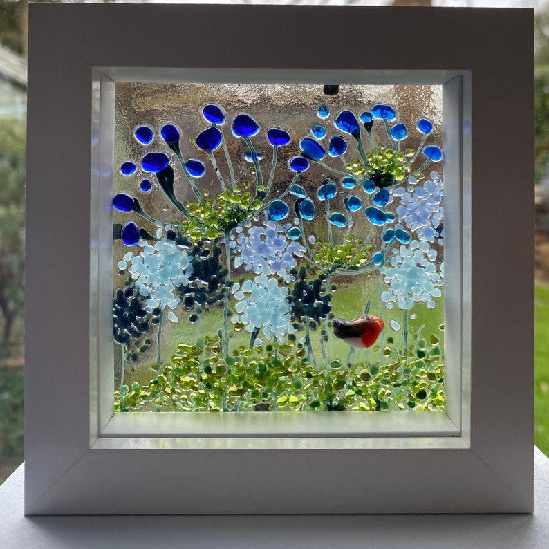 Robin & blue agapanthus and alliums fused glass panel in white frame. Birthday anniversary celebration wedding housewarming retirement gift image 1