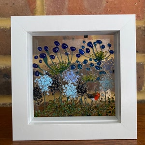 Robin & blue agapanthus and alliums fused glass panel in white frame. Birthday anniversary celebration wedding housewarming retirement gift image 5