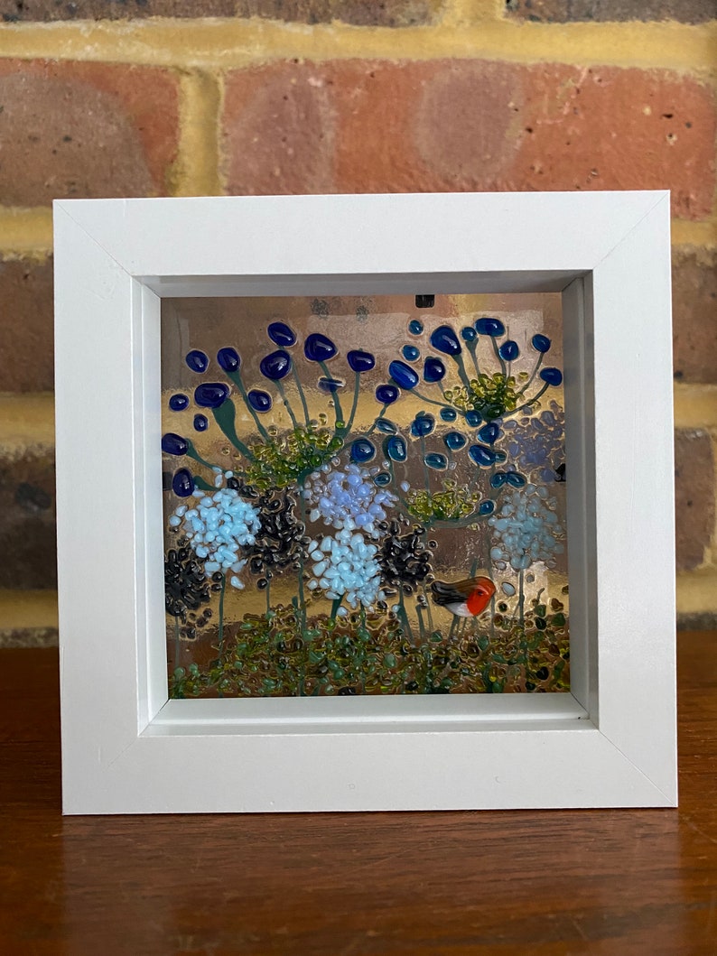 Robin & blue agapanthus and alliums fused glass panel in white frame. Birthday anniversary celebration wedding housewarming retirement gift image 5