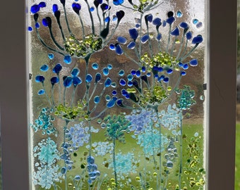 Blue agapanthus flowers fused glass panel in 7x5ins frame. Birthday, anniversary, celebration wedding housewarming retirement gift