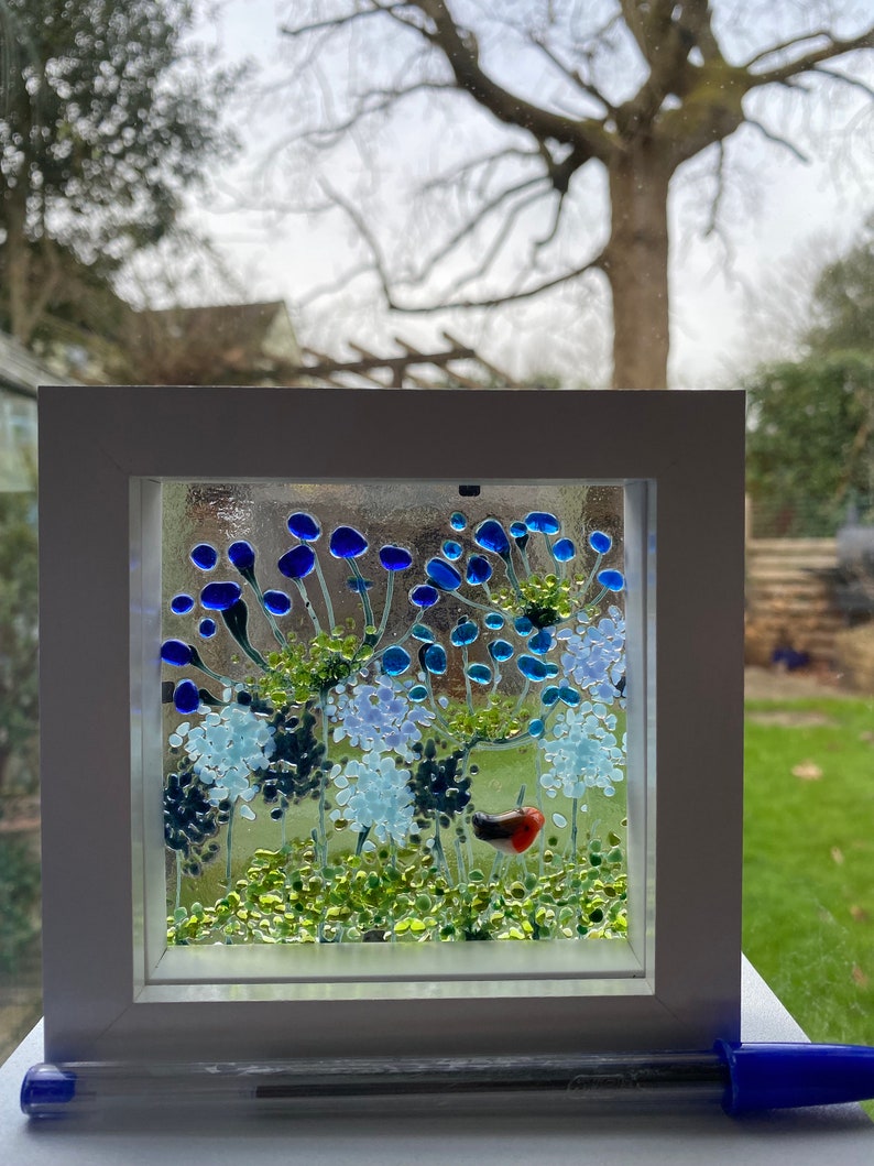 Robin & blue agapanthus and alliums fused glass panel in white frame. Birthday anniversary celebration wedding housewarming retirement gift image 4