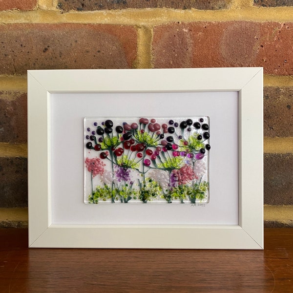 Pink flowers fused glass picture in 5x7ins frame. Birthday retirement anniversary celebration housewarming wedding.