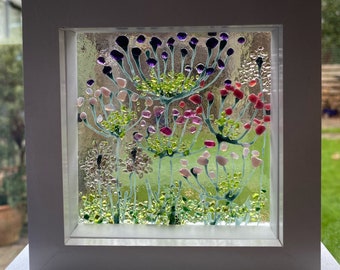 Pink, purple agapanthus & alliums fused glass panel in small frame. Birthday anniversary celebration wedding housewarming retirement gift