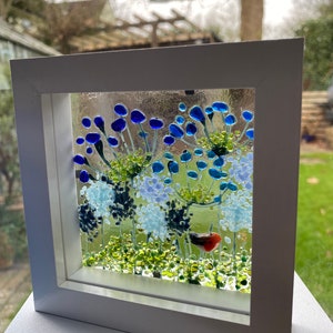 Robin & blue agapanthus and alliums fused glass panel in white frame. Birthday anniversary celebration wedding housewarming retirement gift image 2