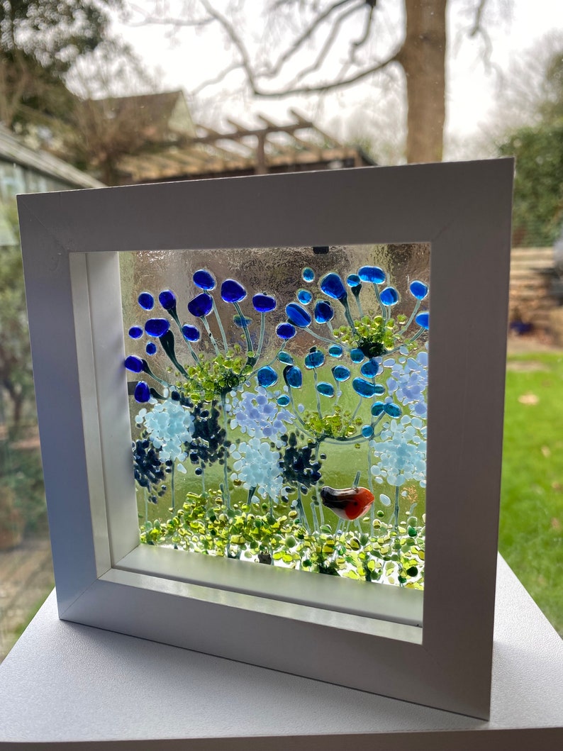 Robin & blue agapanthus and alliums fused glass panel in white frame. Birthday anniversary celebration wedding housewarming retirement gift image 2